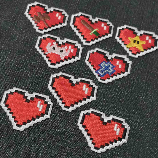 Set of 6 8Bit Pixel Heart - Many Styles - 100% Embroidered Patch - Iron/Sew on